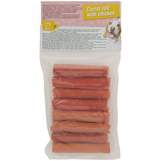 Aperitivos para perro de rollitos de zanahoria con pollo