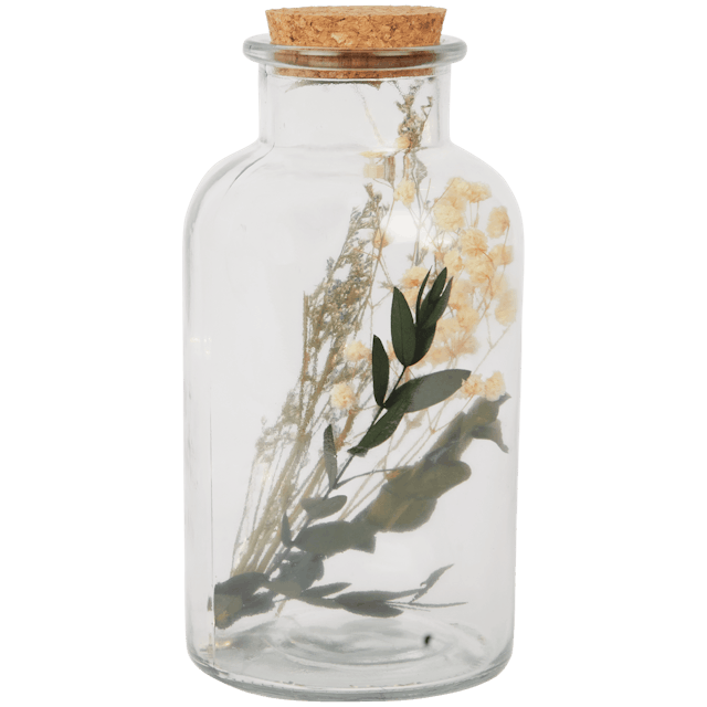 Flasche mit Trockenblumen und LED-Licht
