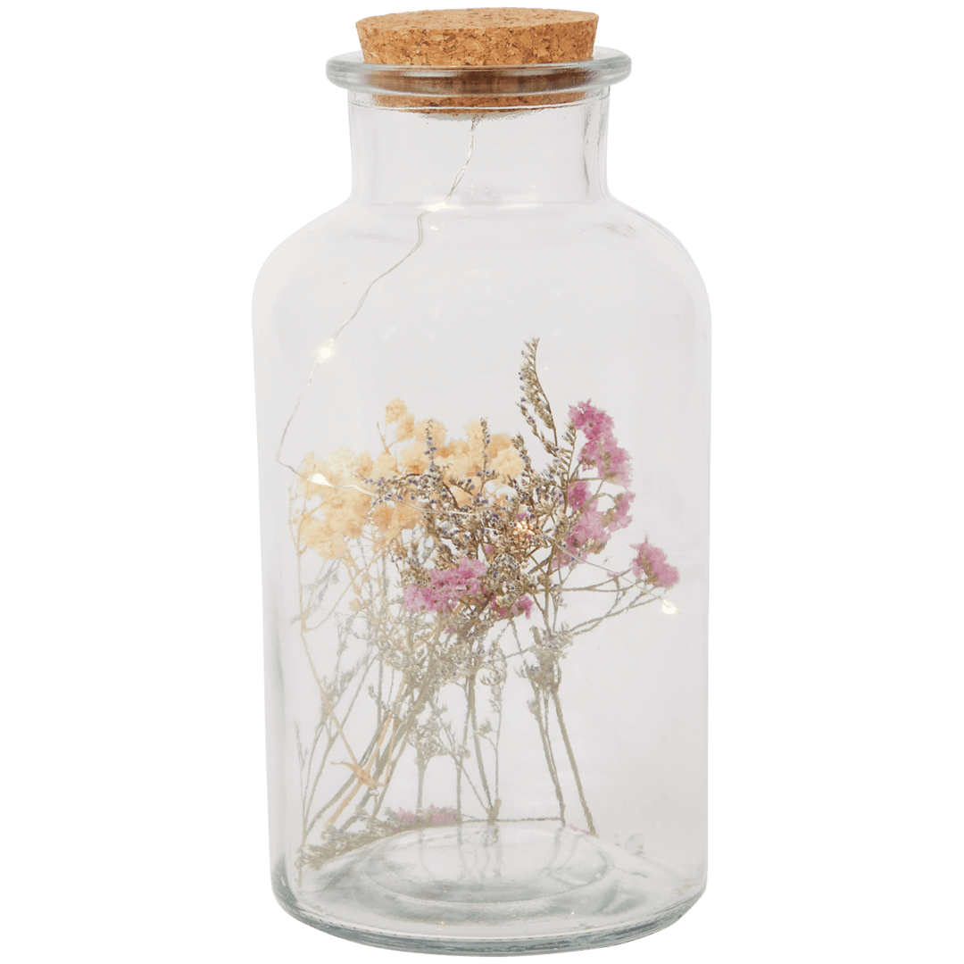 Láhev se sušenými květinami a LED osvětlením