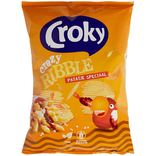 Chips gaufrées Croky Patatje Speciaal (mayonnaise, curry, ketchup, oignon)