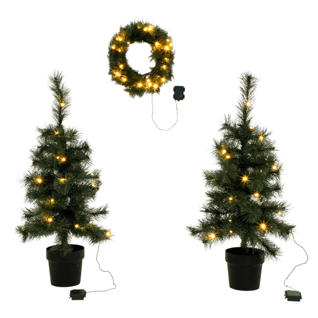 Set aus Weihnachtsbäumen und Kranz