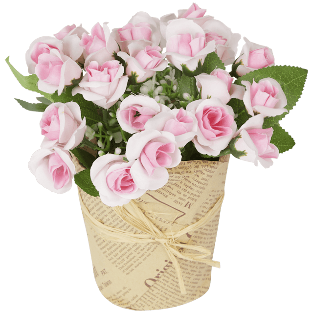 Roses artificielles dans un vase en papier 